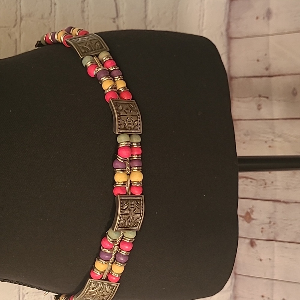 Multicolor Chain Belt Beaded Silver Medallion Artsy 80's Retro